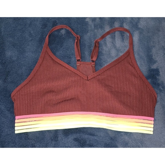 PINK Sport Bra Maroon Mesh Back Rainbow Elastic Band Lightly Lined Size Medium - Picture 2 of 9